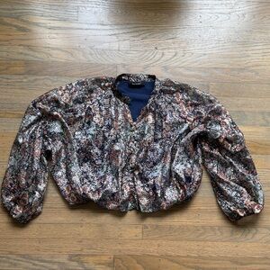 KOURT. Sheer Floral cropped Button Blouse Metallic Boho Chic size small